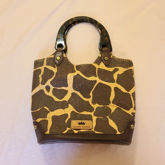 Elaine Turner Safari Giraffe Print Raffia Faux Turquoise Double Handled Handbag - Picture 1 of 9